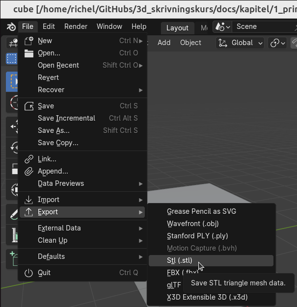klicka 'File | Export | Stl (.stl)'