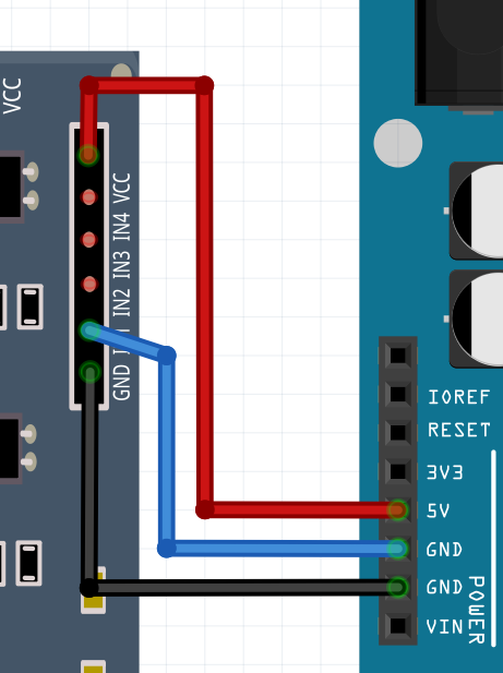 Koppla GND på Arduino med IN1 på reläkortet