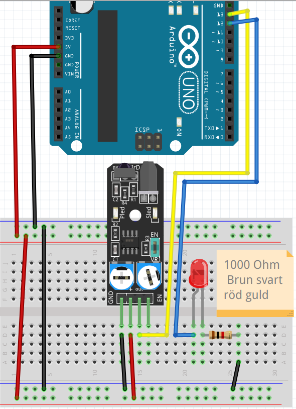 30.1. Anslut en Arduino till avståndssensor och lysdiod