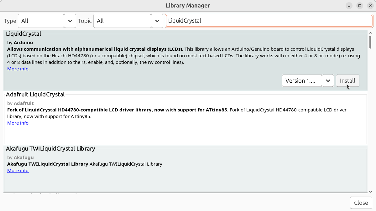 Skriv LiquidCrystal is sök-boxen och klick på 'Install'