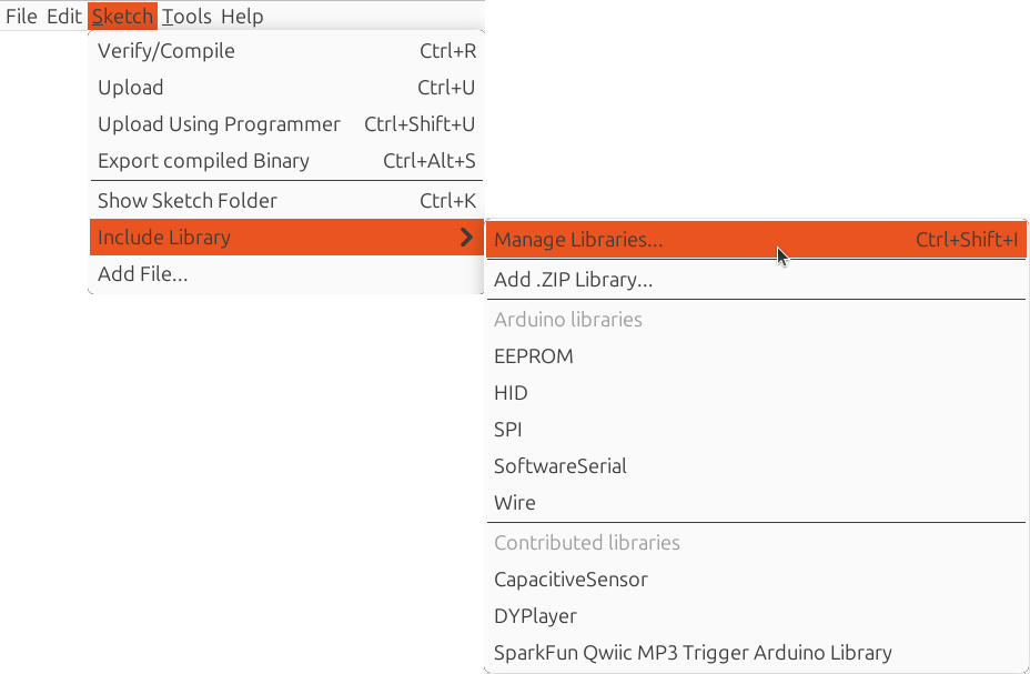 Klick på 'Sketch | Include library | Manage libraries'.