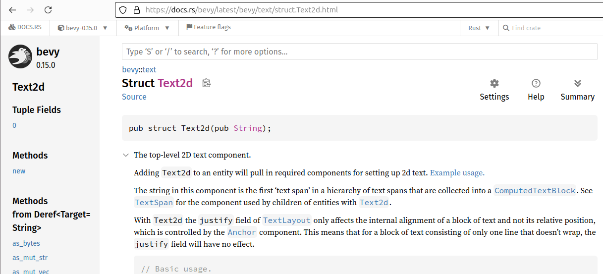 The Bevy Text2d documentation