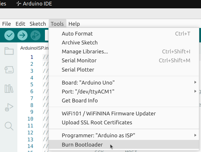 Click 'Tools | Burn Bootloader'
