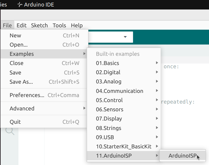 Click on 'File | Examples | ArduinoISP'