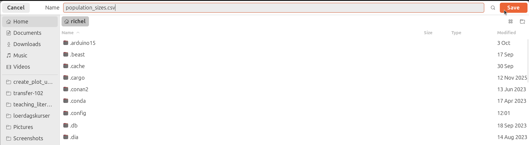 Type population_sizes.csv and click 'Save'