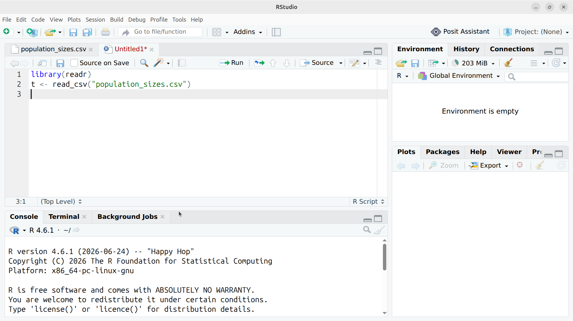 Untitled1 in RStudio with code