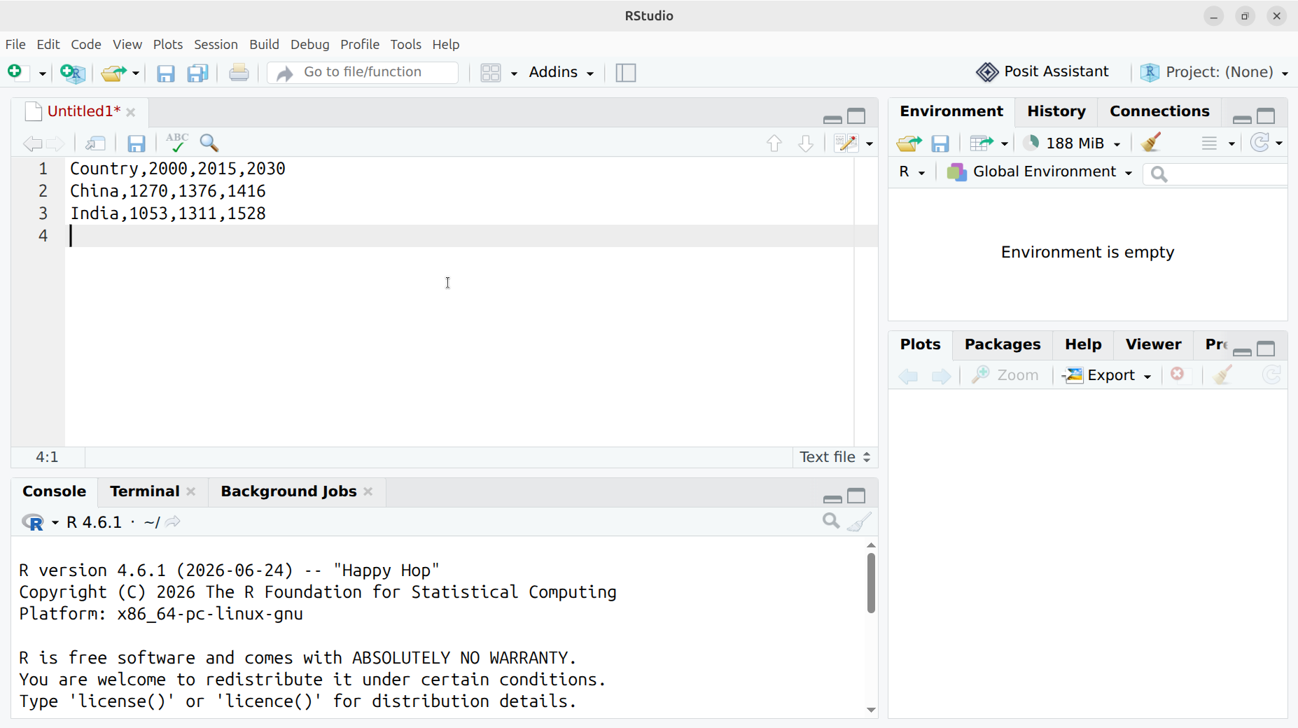 Untitled1 in RStudio with the data