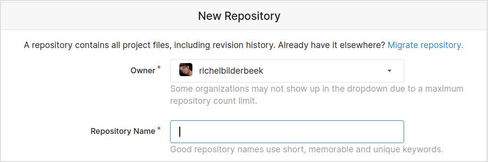The 'New repository' screen