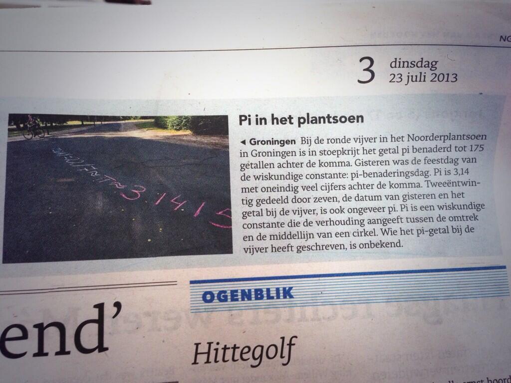 Pi Approximation Day article Dagbad van het Noorden 2013-07-23